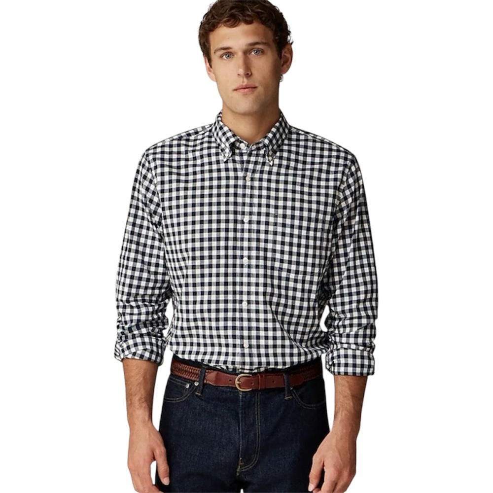 J Crew Men’s Secret Wash Organic Cotton Black White Check Gingham Shirt Medium